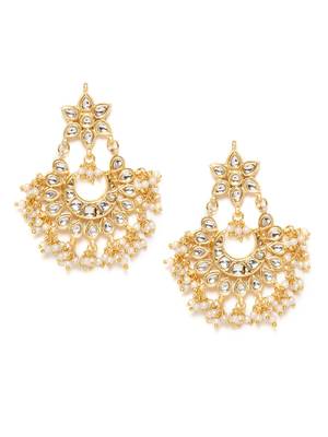 Designer Kudan Stone Floral Pearl Stone Chandbali Chandelier Earrings 2