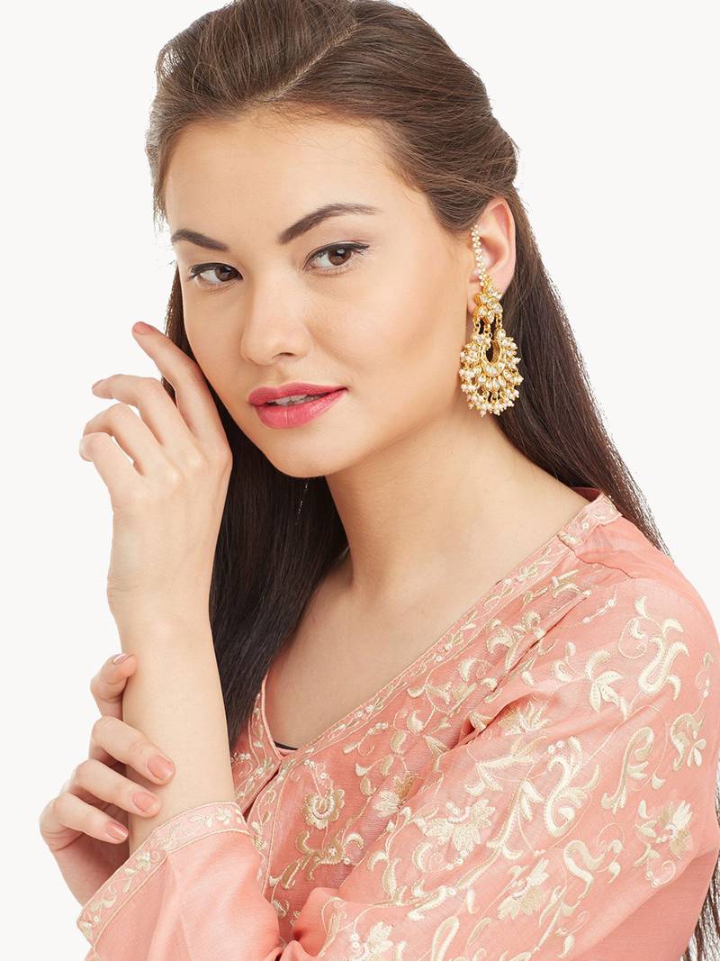 Designer Kudan Stone Floral Pearl Stone Chandbali Chandelier Earrings