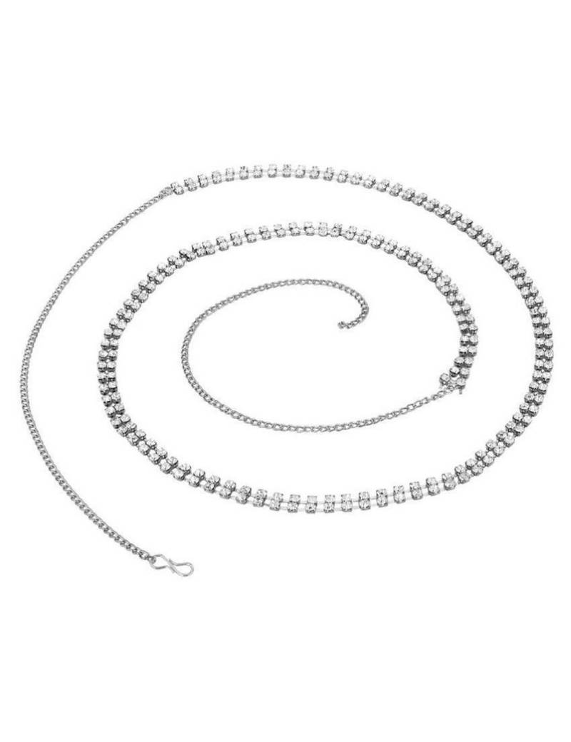 Designer Double Line Diamond Stone Silver Waist Belt Kamarbandh Kamarpatta Belly Hips Chain