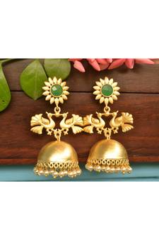 Designer Peacock gold plated high gloss golden Onyx Stone jhumka with pearl in bottom