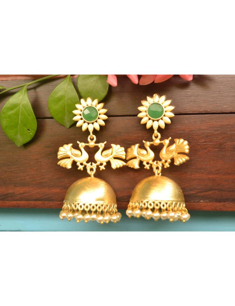 Designer Peacock gold plated high gloss golden Onyx Stone jhumka with pearl in bottom