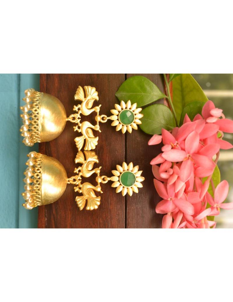 Designer Peacock gold plated high gloss golden Onyx Stone jhumka with pearl in bottom