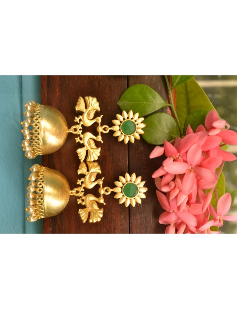 Designer Peacock gold plated high gloss golden Onyx Stone jhumka with pearl in bottom