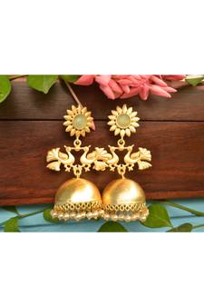 Designer Peacock gold plated high gloss golden Onyx Stone jhumka with pearl in bottom