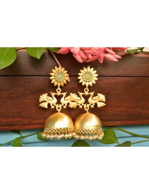 Designer Peacock gold plated high gloss golden Onyx Stone jhumka with pearl in bottom 1