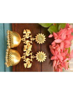 Designer Peacock gold plated high gloss golden Onyx Stone jhumka with pearl in bottom 2