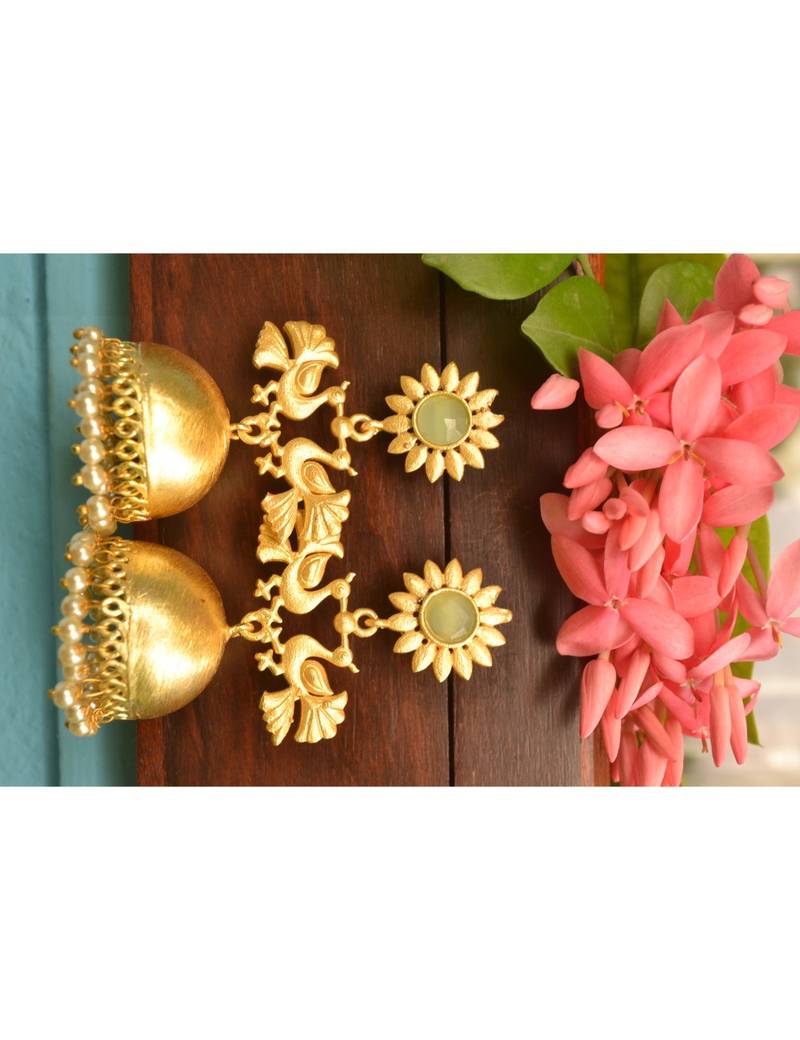 Designer Peacock gold plated high gloss golden Onyx Stone jhumka with pearl in bottom
