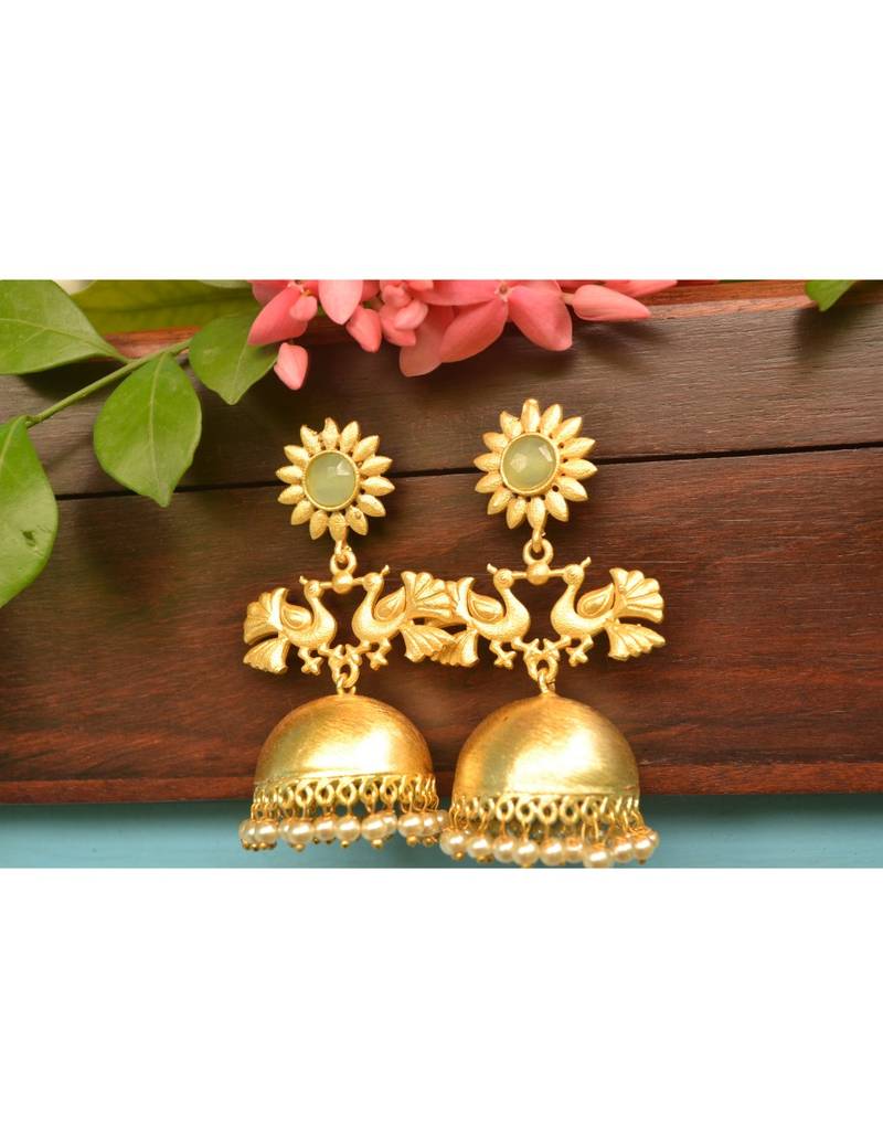 Designer Peacock gold plated high gloss golden Onyx Stone jhumka with pearl in bottom