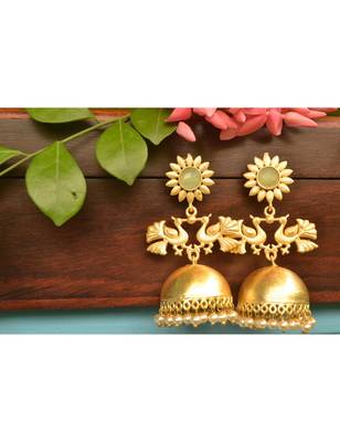 Designer Peacock gold plated high gloss golden Onyx Stone jhumka with pearl in bottom 4