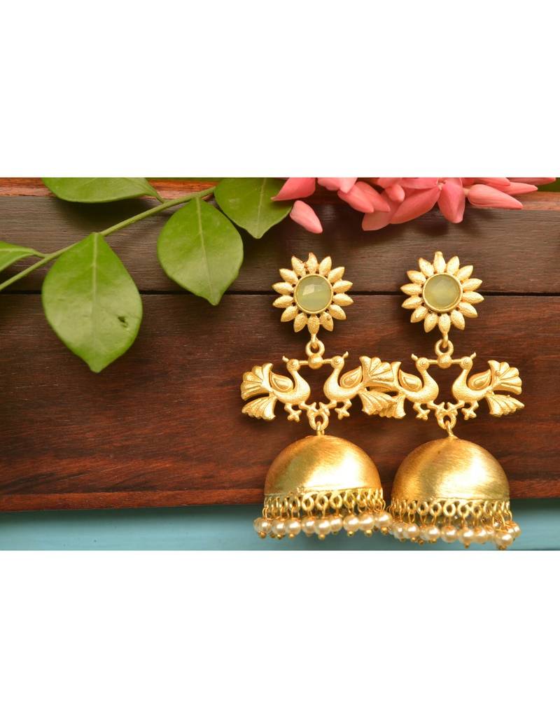 Designer Peacock gold plated high gloss golden Onyx Stone jhumka with pearl in bottom