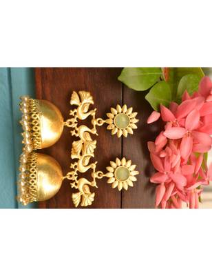Designer Peacock gold plated high gloss golden Onyx Stone jhumka with pearl in bottom 5