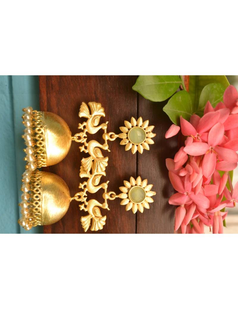 Designer Peacock gold plated high gloss golden Onyx Stone jhumka with pearl in bottom