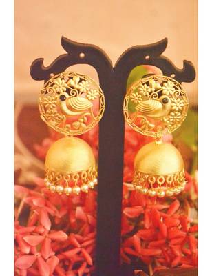 Designer Golden Gold Plated Filigree Jali Work Bird Sparrow Earrings 2