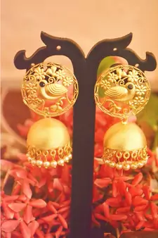 Designer Golden Gold Plated Filigree Jali Work Bird Sparrow Earrings