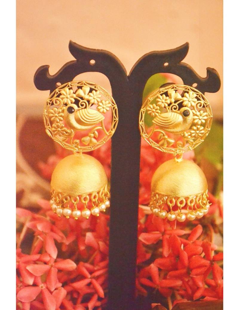 Designer Golden Gold Plated Filigree Jali Work Bird Sparrow Earrings