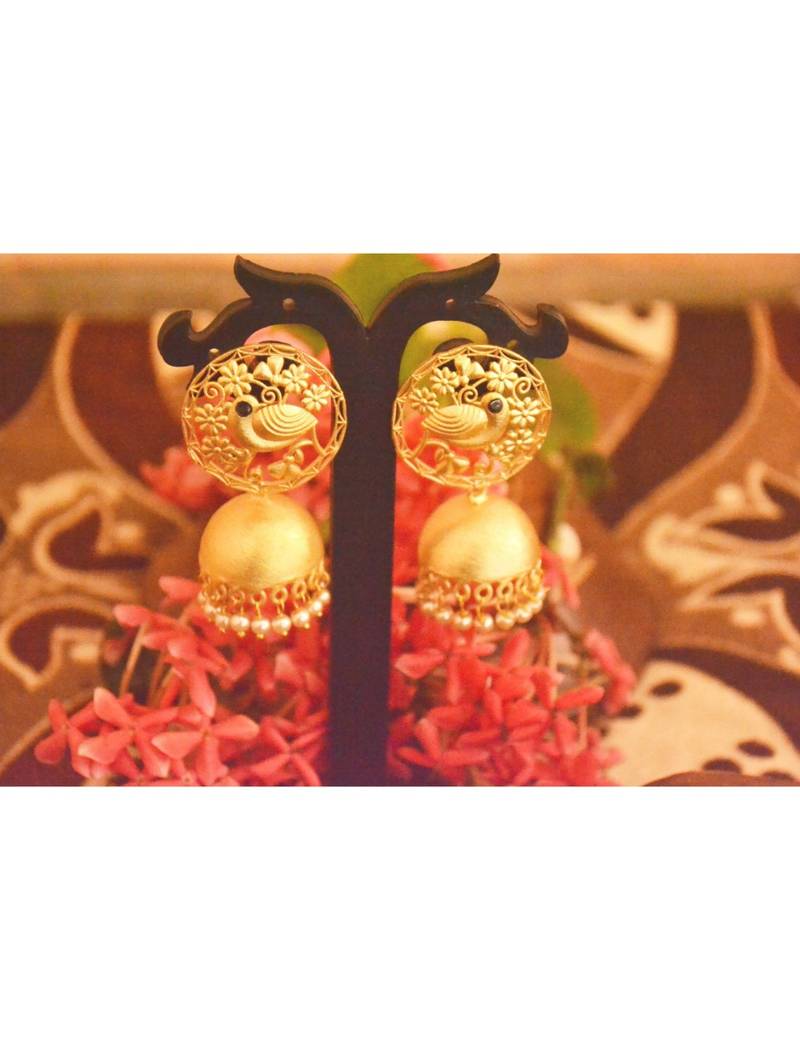 Designer Golden Gold Plated Filigree Jali Work Bird Sparrow Earrings