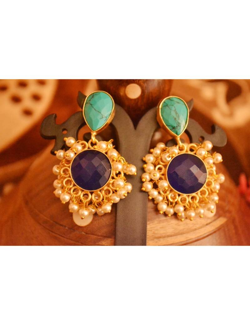 Designer Onyx Stone Gold Plated Golden Pearl Dangler Jhumka Stud Earrings
