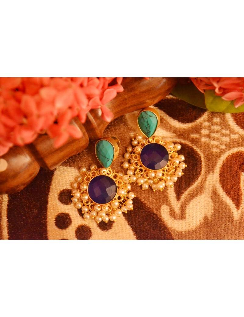 Designer Onyx Stone Gold Plated Golden Pearl Dangler Jhumka Stud Earrings