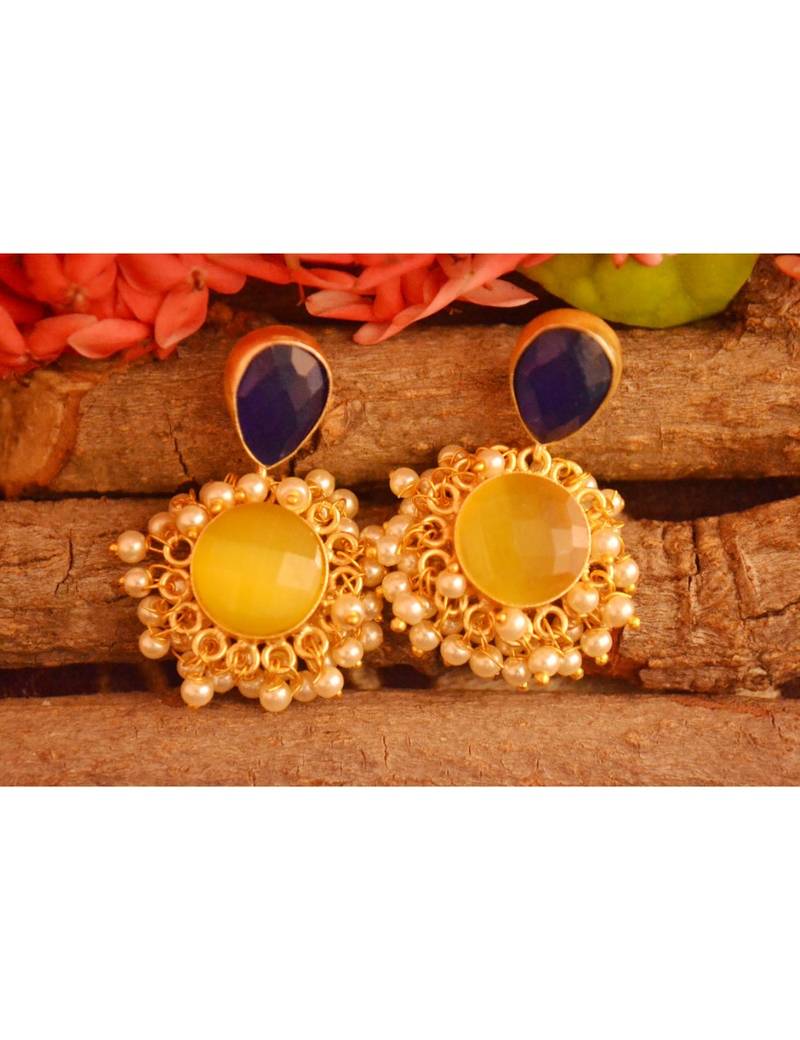 Designer Onyx Stone Gold Plated Golden Pearl Dangler Jhumka Stud Earrings
