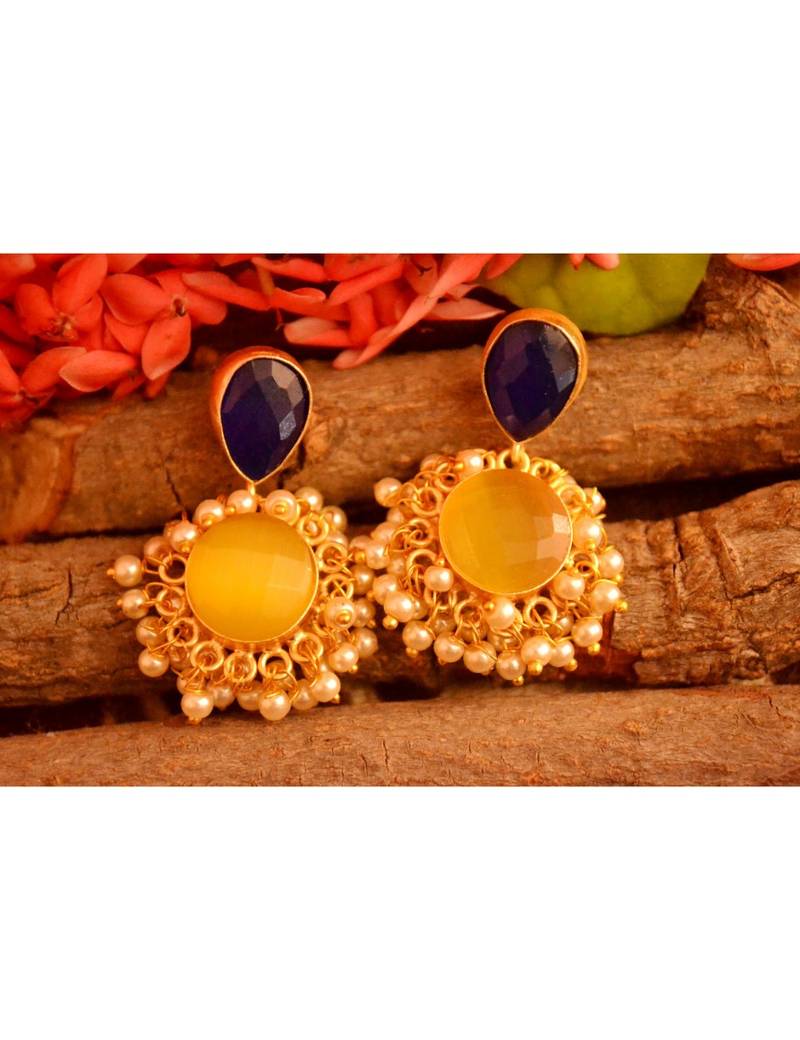 Designer Onyx Stone Gold Plated Golden Pearl Dangler Jhumka Stud Earrings