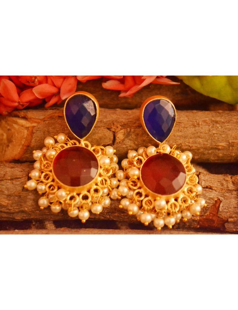 Designer Onyx Stone Gold Plated Golden Pearl Dangler Jhumka Stud Earrings