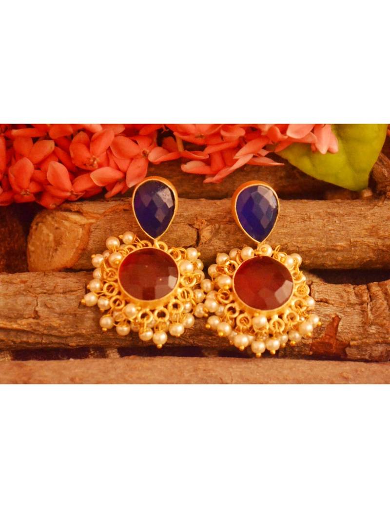 Designer Onyx Stone Gold Plated Golden Pearl Dangler Jhumka Stud Earrings