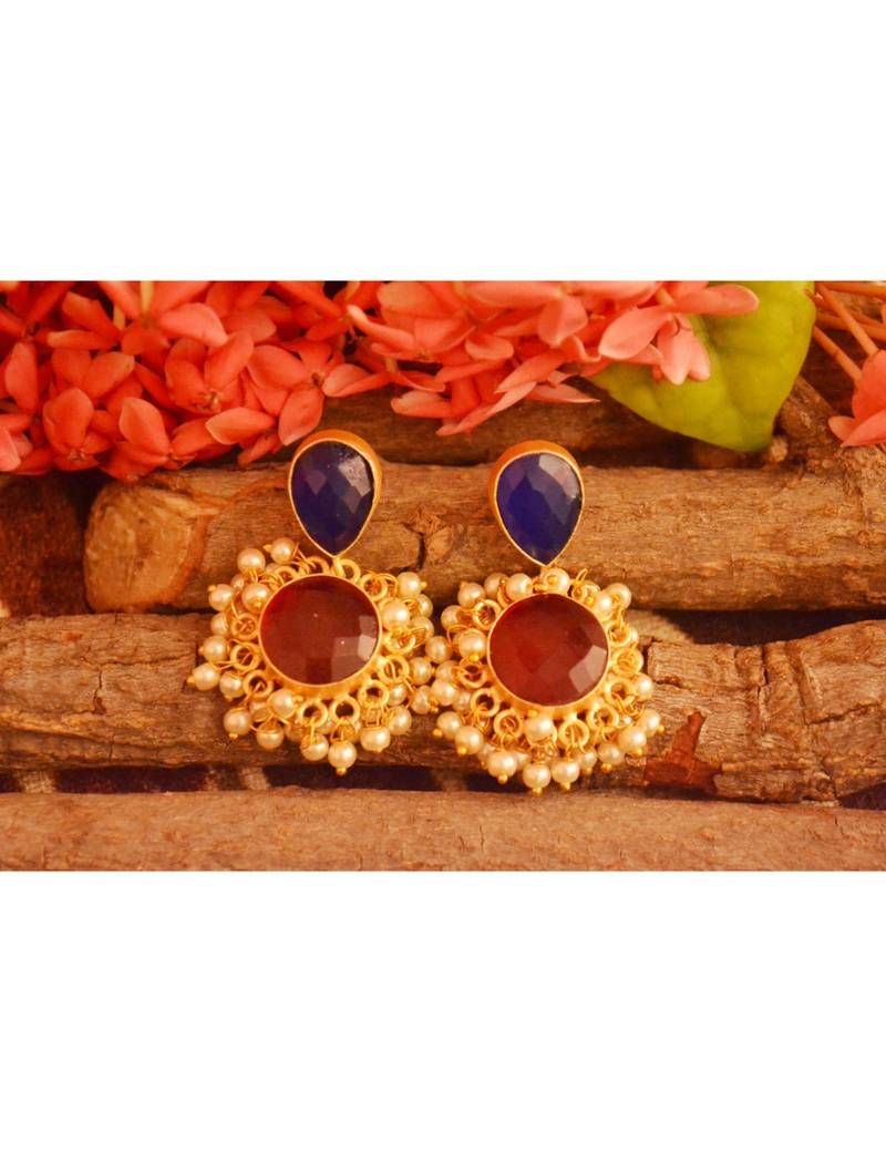 Designer Onyx Stone Gold Plated Golden Pearl Dangler Jhumka Stud Earrings