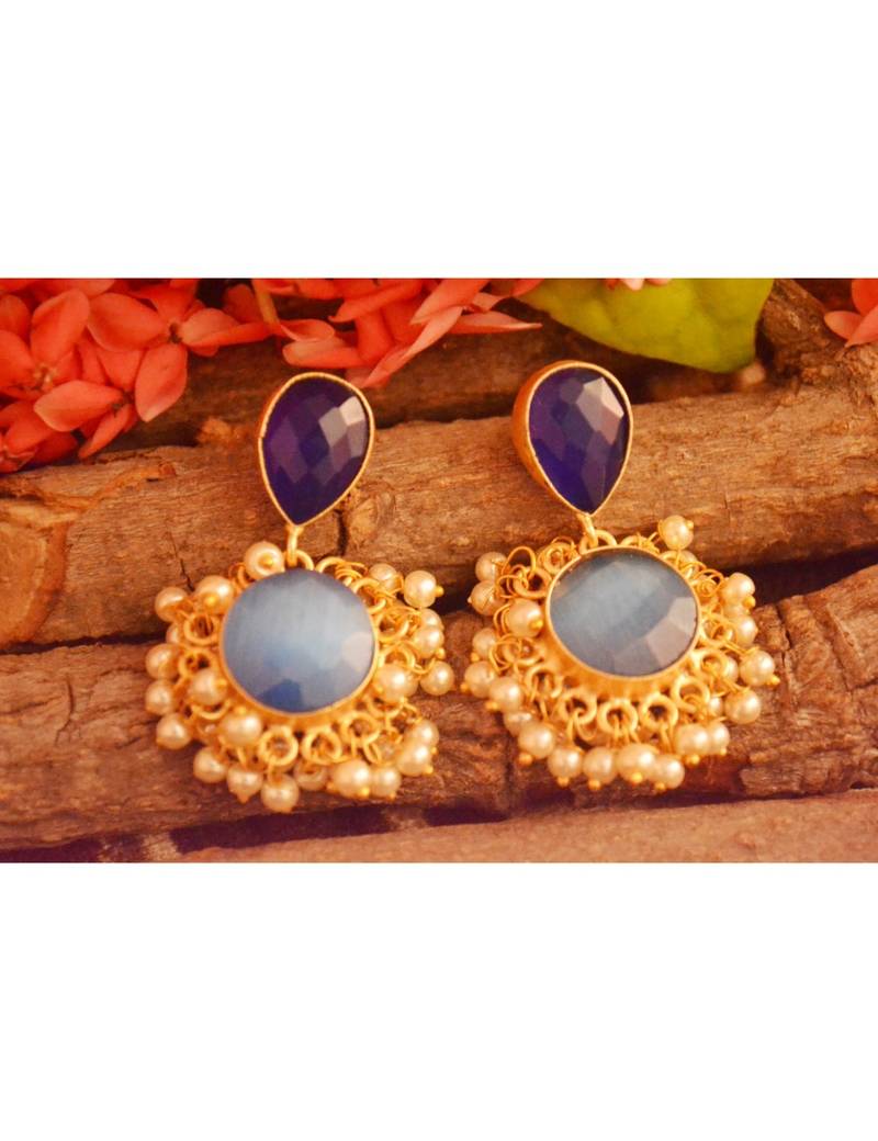 Designer Onyx Stone Gold Plated Golden Pearl Dangler Jhumka Stud Earrings