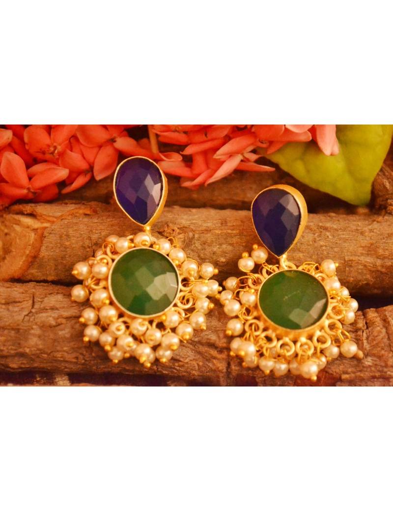 Designer Onyx Stone Gold Plated Golden Pearl Dangler Jhumka Stud Earrings