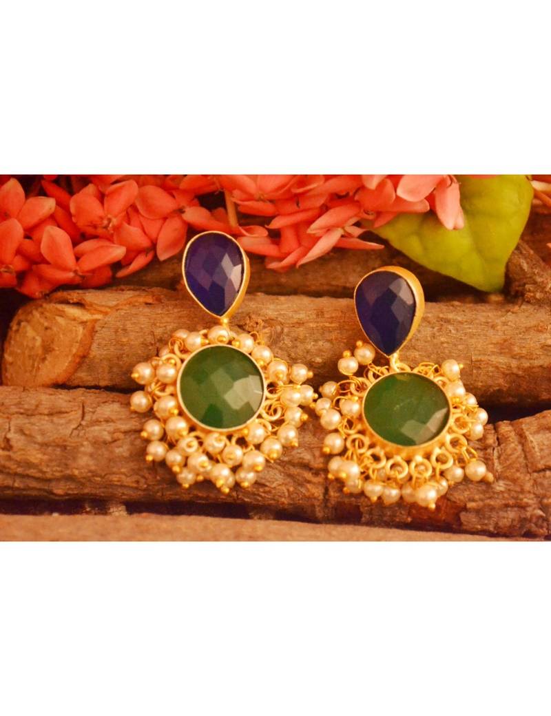 Designer Onyx Stone Gold Plated Golden Pearl Dangler Jhumka Stud Earrings