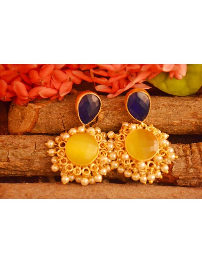 Designer Onyx Stone Gold Plated Golden Pearl Dangler Jhumka Stud Earrings