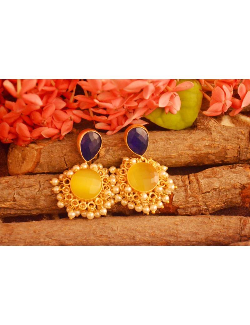 Designer Onyx Stone Gold Plated Golden Pearl Dangler Jhumka Stud Earrings
