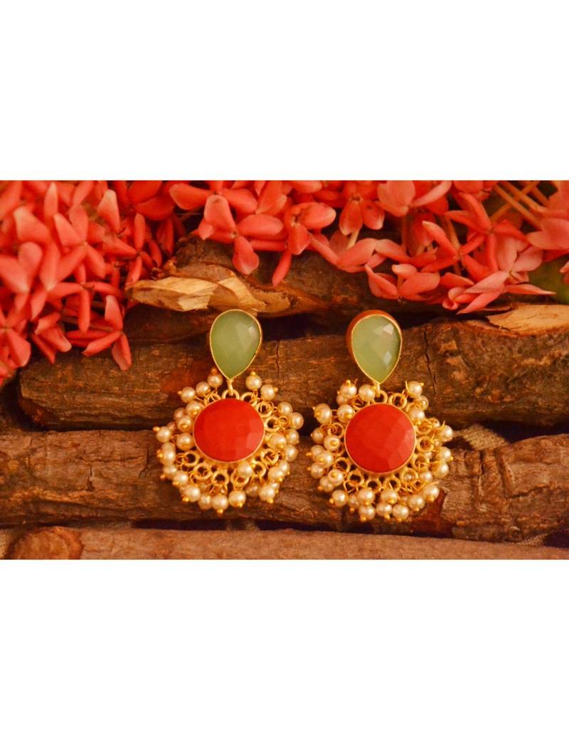 Designer Onyx Stone Gold Plated Golden Pearl Dangler Jhumka Stud Earrings