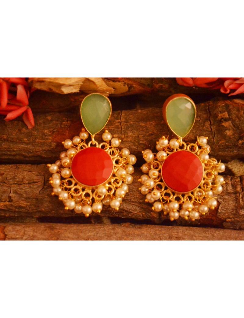 Designer Onyx Stone Gold Plated Golden Pearl Dangler Jhumka Stud Earrings