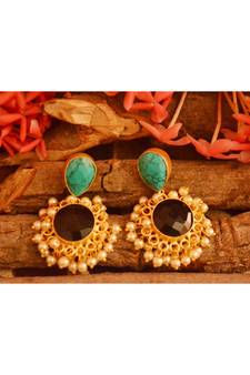 Designer Onyx Stone Gold Plated Golden Pearl Dangler Jhumka Stud Earrings