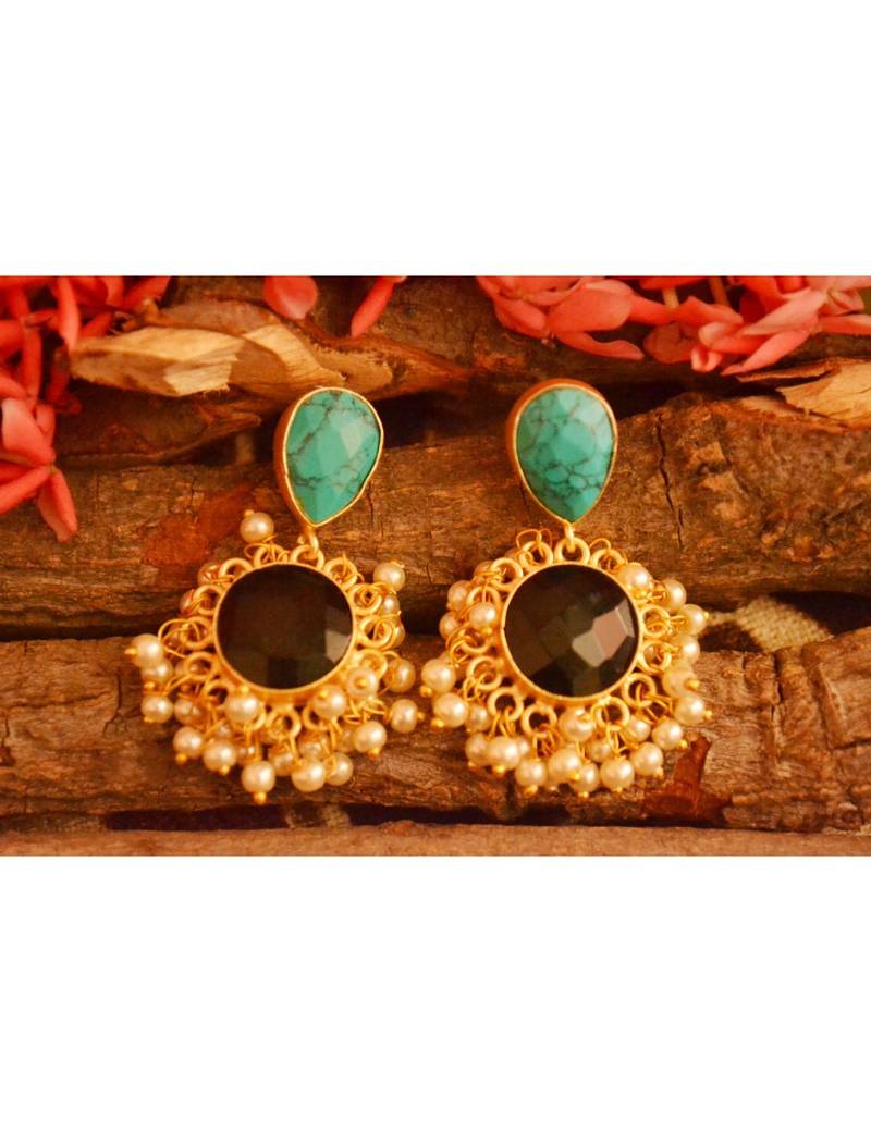 Designer Onyx Stone Gold Plated Golden Pearl Dangler Jhumka Stud Earrings