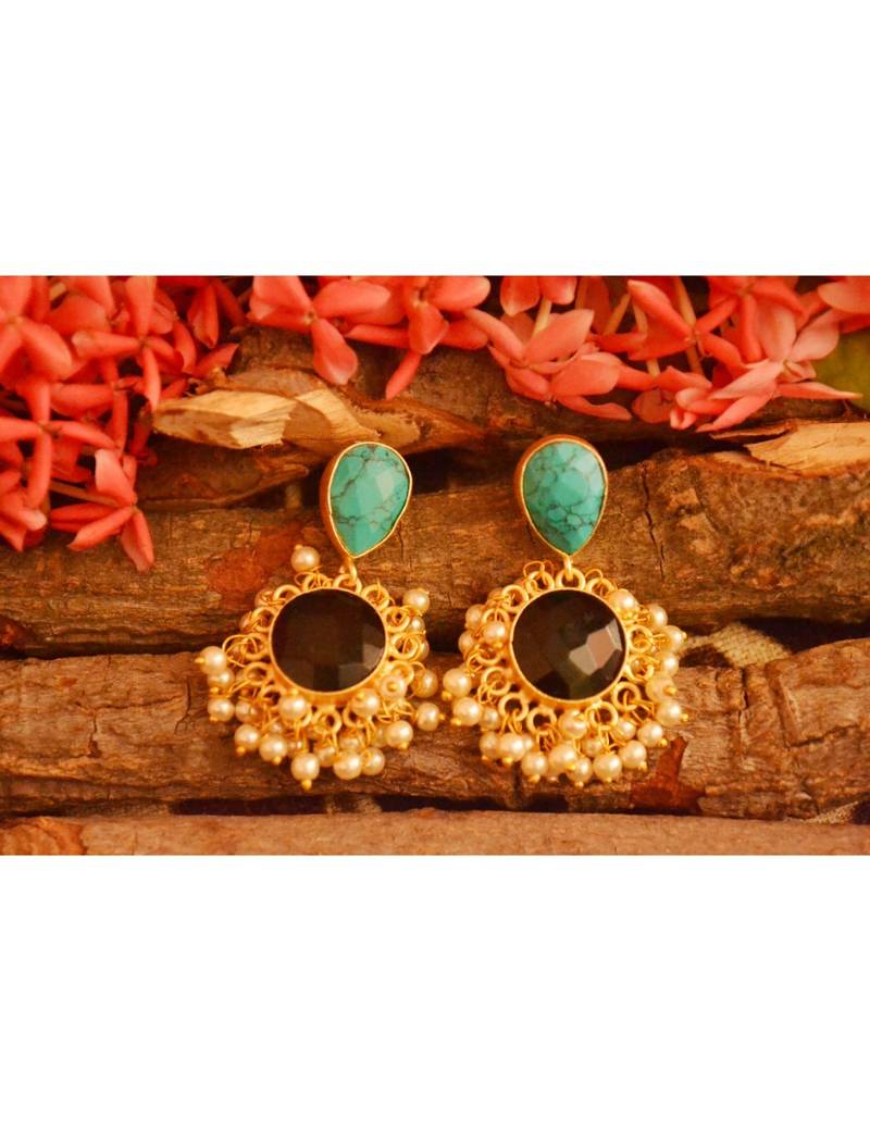 Designer Onyx Stone Gold Plated Golden Pearl Dangler Jhumka Stud Earrings