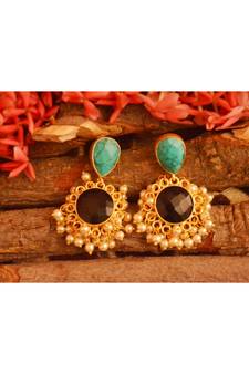 Designer Onyx Stone Gold Plated Golden Pearl Dangler Jhumka Stud Earrings
