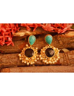 Designer Onyx Stone Gold Plated Golden Pearl Dangler Jhumka Stud Earrings 1