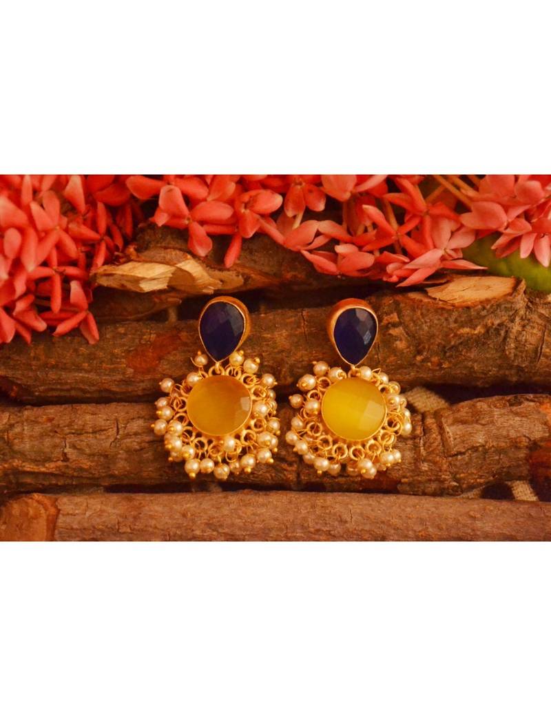 Designer Onyx Stone Gold Plated Golden Pearl Dangler Jhumka Stud Earrings