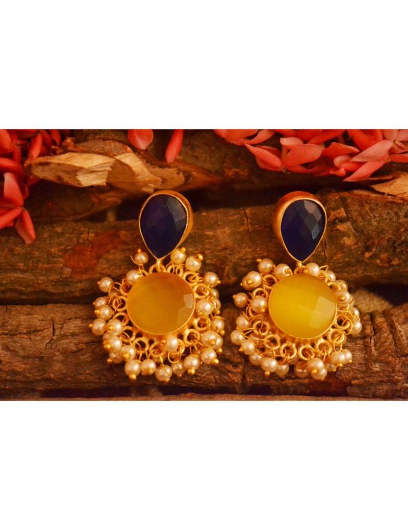 Designer Onyx Stone Gold Plated Golden Pearl Dangler Jhumka Stud Earrings