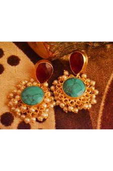 Designer Onyx Stone Gold Plated Golden Pearl Dangler Jhumka Stud Earrings