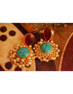 Designer Onyx Stone Gold Plated Golden Pearl Dangler Jhumka Stud Earrings 1