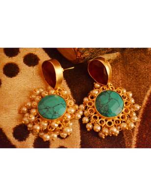 Designer Onyx Stone Gold Plated Golden Pearl Dangler Jhumka Stud Earrings 2