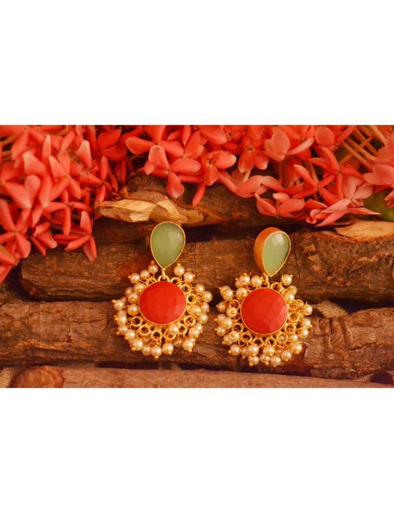 Designer Onyx Stone Gold Plated Golden Pearl Dangler Jhumka Stud Earrings