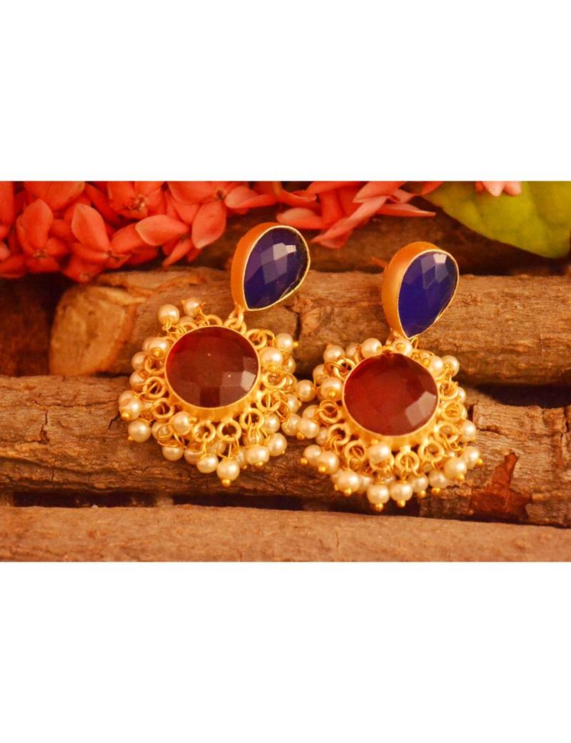 Designer Onyx Stone Gold Plated Golden Pearl Dangler Jhumka Stud Earrings