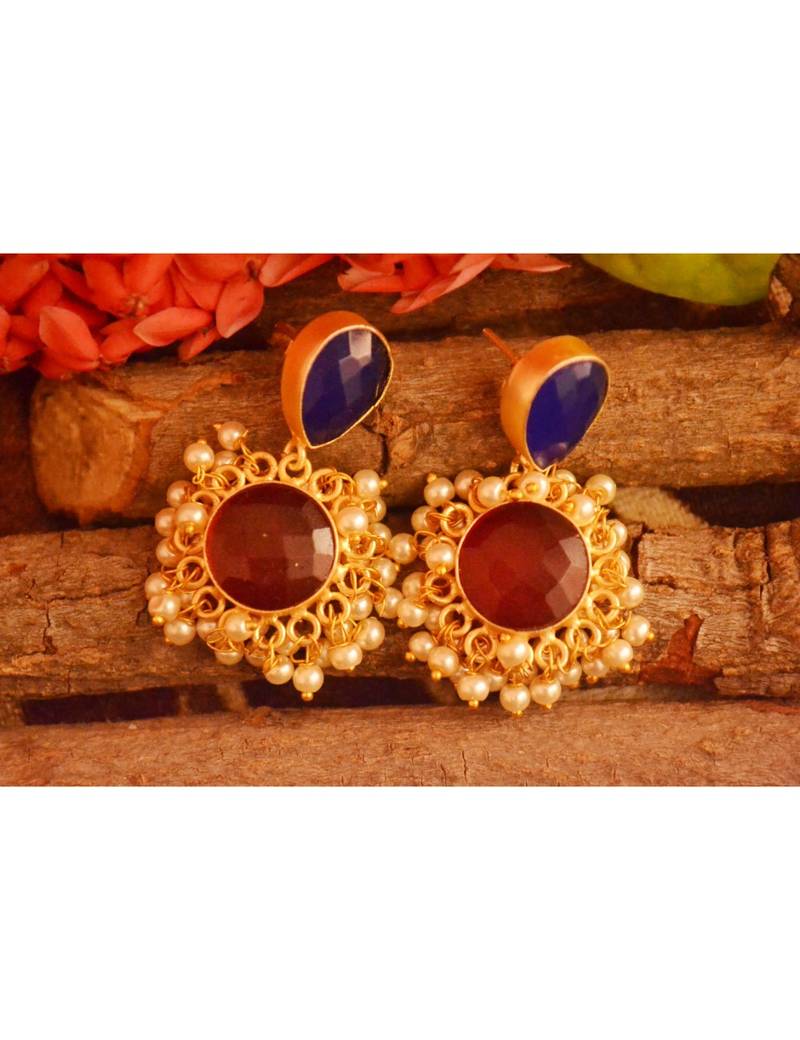 Designer Onyx Stone Gold Plated Golden Pearl Dangler Jhumka Stud Earrings