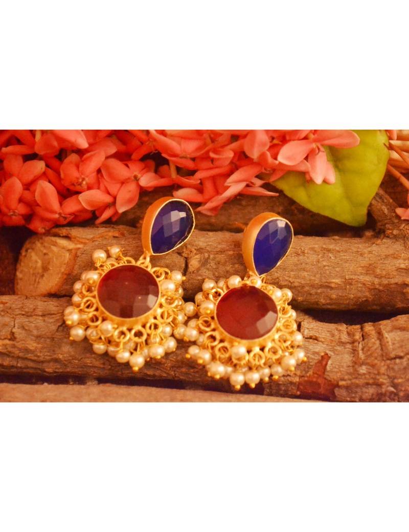 Designer Onyx Stone Gold Plated Golden Pearl Dangler Jhumka Stud Earrings