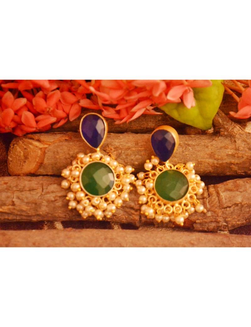 Designer Onyx Stone Gold Plated Golden Pearl Dangler Jhumka Stud Earrings