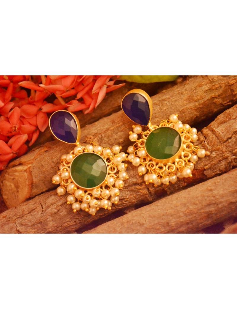 Designer Onyx Stone Gold Plated Golden Pearl Dangler Jhumka Stud Earrings